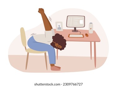 Stretching at workplace at home, fitness activity cartoon woman stretch her back, remove tension. Employee working from office stretching at the room with table and computer