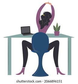 Estirarse en el lugar de trabajo. Vista trasera de una joven sentada y estirada en un lugar de trabajo en su casa u oficina. Romper el trabajo, ejercicios de relajación muscular. Ilustración vectorial. Estilo plano.