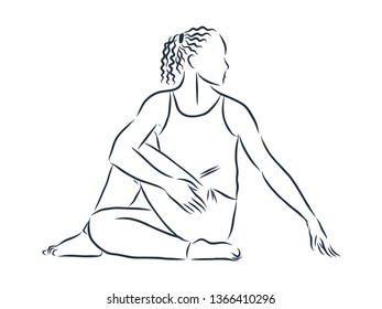 Stretching, yoga pose, contour vector illustration
