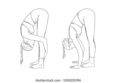 Stretching yogi woman. Hatha yoga forward fold pose variations. Engraved vector illustration in white background