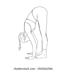 Stretching yogi woman. Hatha yoga forward fold pose. Engraved vector illustration in white background