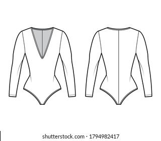 Ilustración técnica de moda estiramiento-jersey con cuello-V, ajuste de escultura, mangas largas. Plantilla de ropa plana de una sola pieza color de fondo blanco delantero. Mujeres hombres unisex traje de baño CAD. 