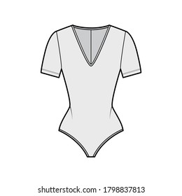 Stretch-jersey bodysuit technical fashion illustration with plunging V-neck, short sleeves, back zip fastening. Flat one-piece apparel template front, grey color. Women men unisex swimsuit CAD. 
