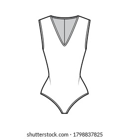 Stretch-jersey bodysuit technical fashion illustration with plunging V-neckline, back zip fastening. Flat outwear one-piece apparel template front, white color. Women men unisex swimsuit CAD mockup. 