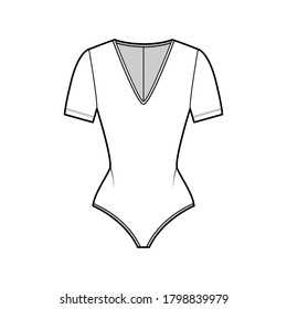 Stretch-jersey bodysuit technical fashion illustration with plunging V-neck, short sleeves, back zip fastening. Flat one-piece apparel template front, white color. Women men unisex swimsuit CAD. 