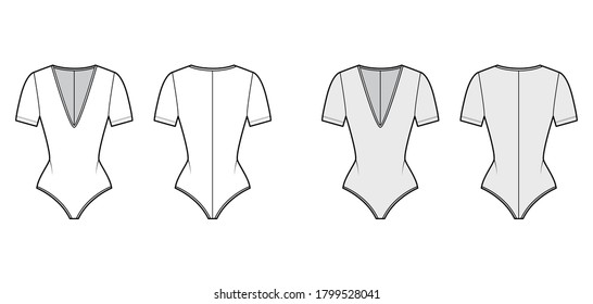 Stretch-jersey bodysuit technical fashion illustration with plunging V-neckline, sculpting fit, short sleeves. Flat one-piece apparel template front back white grey color. Women men unisex swimsuit