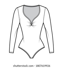 Stretch-jersey bodysuit technical fashion illustration with plunging gathered V-neck, long sleeves, . Flat one-piece apparel template front, white color. Women, men unisex swimsuit CAD mockup