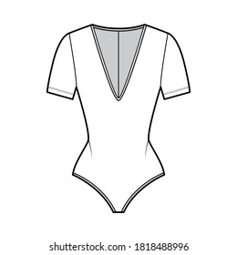 Stretch-jersey bodysuit technical fashion illustration with plunging V-neckline, sculpting fit, short sleeves. Flat one-piece apparel template front white color. Women men unisex swimsuit CAD. 