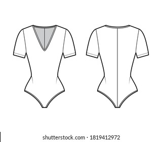 Stretch-jersey bodysuit technical fashion illustration with plunging V-neck, short sleeves, back zip fastening. Flat one-piece apparel template front, back, white color. Women men unisex swimsuit CAD