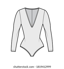 Stretch-jersey bodysuit technical fashion illustration with plunging V-neckline, sculpting fit, long sleeves. Flat one-piece apparel template front grey color. Women men unisex swimsuit CAD. 
