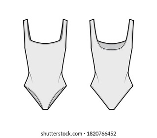 Stretch-jersey bodysuit technical fashion illustration with open back, deep square neckline. Flat outwear one-piece apparel template front, back, grey color. Women men unisex swimsuit CAD mockup. 