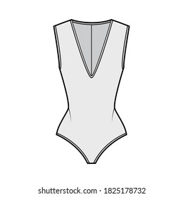 Ilustración técnica de moda estiramiento-jersey con el cuello-V en zambullimiento, ajuste de escultura, cierre de cremallera posterior. Color gris frontal de la plantilla de ropa plana de una pieza. Mujeres hombres unisex traje de baño CAD. 