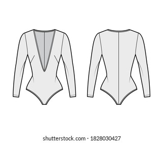 Stretch-jersey bodysuit technical fashion illustration with plunging V-neck, long sleeves, back zip fastening. Flat one-piece apparel template front, back grey color. Women unisex swimsuit CAD mockup
