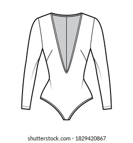 Stretch-jersey bodysuit technical fashion illustration with plunging V-neck, long sleeves, back zip fastening. Flat one-piece apparel template front, white color. Women men unisex swimsuit mockup