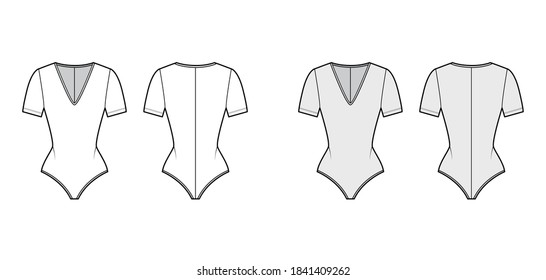 Stretch-jersey bodysuit technical fashion illustration with plunging V-neck, short sleeves, back zip fastening. Flat one-piece apparel template front, back white, grey color. Women men unisex swimsuit