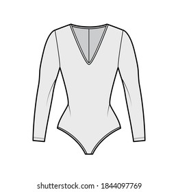 Stretch-jersey bodysuit technical fashion illustration with plunging V-neck, long sleeves, back zip fastening. Flat one-piece apparel template front, grey color. Women men unisex swimsuit CAD. 