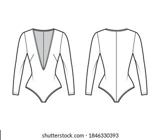 Stretch-jersey bodysuit technical fashion illustration with plunging V-neck, long sleeves, back zip fastening. Flat one-piece template front, back, white color. Women men unisex swimsuit CAD mockup