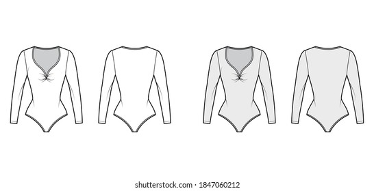 Stretch-jersey bodysuit technical fashion illustration with plunging gathered V-neck, long sleeves, . Flat one-piece apparel template front, back white grey color. Women men unisex swimsuit CAD mockup