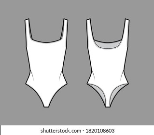 Stretch-jersey thong bodysuit technical fashion illustration with open back, deep square neckline. Flat outwear one-piece apparel template front, back white color. Women men unisex swimsuit CAD mockup