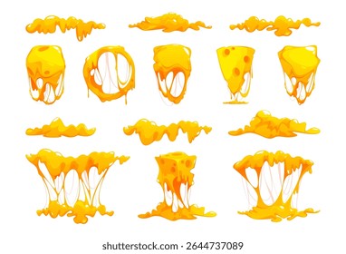Conjunto de queijo derretido elástico. Vetor isolado cartoon grosso, produtos láteos dourados pingando para baixo em fios lisos e bolhas. Gooey e derreter pedaços de cheddar. Elemento para pizza, nacho ou hambúrguer