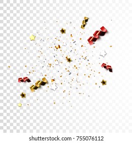 Strewed glittering confetti particles, stars, ribbon streamers isolated on white background. Vector illustration. Festive ornament. Sparkling tinsel for holiday design. Element for decoration