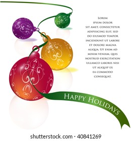 Strewn multicolored holiday ornaments tied with a green ribbon, vector illustration