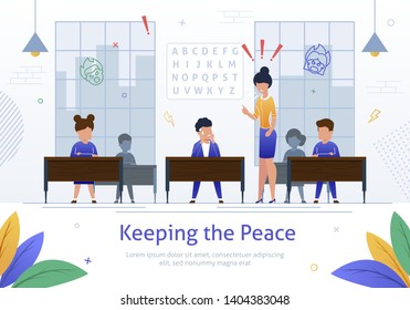 Strict, Angry Female Teacher Scolding on Pupil Boy in School Classroom Cartoon Vector Illustration. Naughty Children Bad Behavior, Nervous and Annoyed Teacher, Punishment in School Banner.