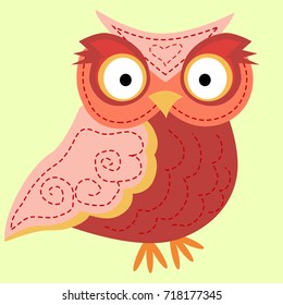 Strict, angry owl with a turned head, a pattern on the wings and a pussy. Cute pink and grey cartoon owl for baby showers, birthdays and invitation designs