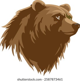 Strict bear head in brown colors with white eyes, bear logo, patch, chevron, print, vector.