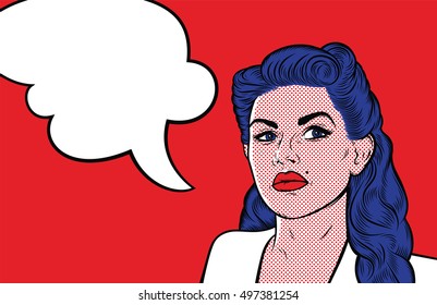 Strict beautiful retro woman with speech bubble for your text. Retro comic girl. People talking. Vector Illustrations.