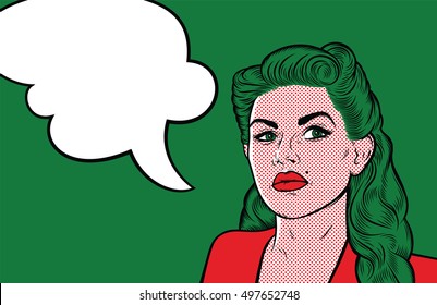 Strict beautiful retro woman with speech bubble for your text. Web banner. Retro pin-up girl on green background. Vector illustration.