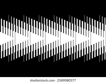 Strict black and white background with a stream of striped white arrows on a black background. Dynamic geometric pattern,  for modern design, prints, interfaces and graphic projects. Vector pattern