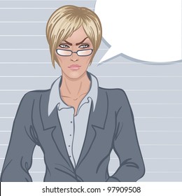 Strict Boss: Angry upset young business woman with blank speech bubble on white on gray background. Vector illustration.