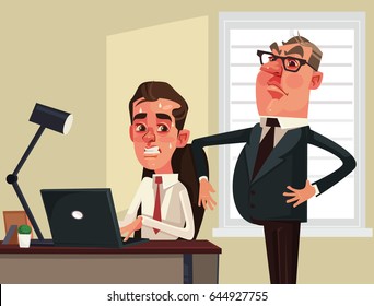 Strict boss businessman watching scared employees office worker character. Vector flat cartoon illustration