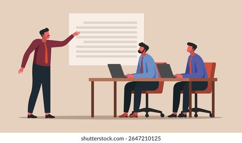 Chefe estrito apontando regras enquanto dois funcionários silenciosos sentam com laptops, medo de conceito de controle invisível, autoridade tóxica e pressão psicológica no escritório, ilustração de vetor plano
