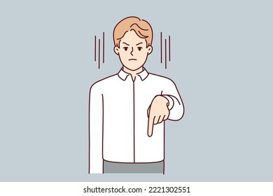 Strict businessman point with finger down. Furious decisive male employee show downward make order to employee. Vector illustration. 