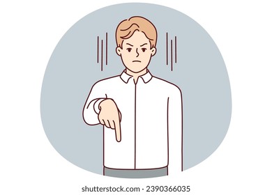 Strict businessman point with finger down. Furious decisive male employee show downward make order to employee. Vector illustration.