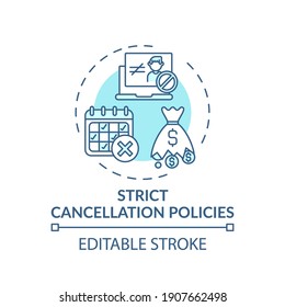 Strict cancellation policies concept icon. Online english teaching challenges. Hard to cancel planned study idea thin line illustration. Vector isolated outline RGB color drawing. Editable stroke