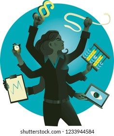 A strict chief woman with six arms on a white background vector illustration