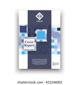 Strict cover on white background with dark blue stripe with cut in middle on background small light blue, white and blue squares with different transparency with examples title, text and logo Creative