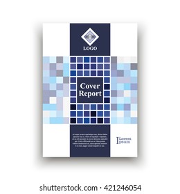Strict cover on white background with dark blue stripe in middle on background small light blue, white and blue squares with different transparency with examples title, text and logo. Vector. Creative