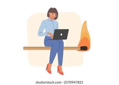 Strict deadlines for business woman sitting on burning match with laptop in hands. Girl types text on computer, demonstrating resistance to stress despite deadlines and time pressure.