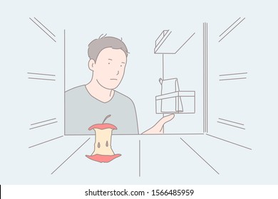 Strict Diet, Empty Fridge, Hunger Feeling Concept. Frustrated Young Man Opening Refrigerator Door, Apple Core On Coldstore Shelf, Depressed Mood, Negative Emotion. Simple Flat Vector