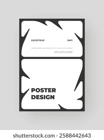 Strict and discreet poster, angular white shapes set against a black background. Decorative minimal backdrop on vertical A4 format. Original geometric shapes composition.