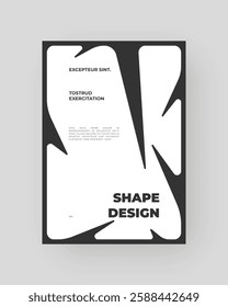 Strict and discreet poster, angular white shapes set against a black background. Decorative minimal backdrop on vertical A4 format. Original geometric shapes composition.