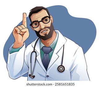 Strict doctor. Doctor warns. Doctor speaks. Doctor waves his index finger. Healthcare illustration. Vector illustration. 