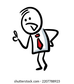 Strict doodle man in office costume and red tie telling something wise. Vector illustration of stickman father.