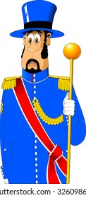 strict doorman in a blue jacket and top hat