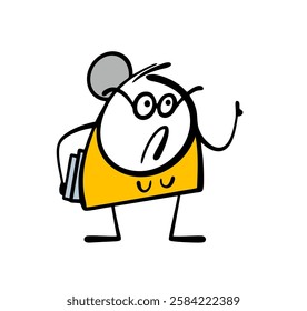 Strict elderly woman with glasses, grumbles and teaches how to live. Vector illustration of a teacher holding books and teaching a lesson at school. Gray hair, neat bun. Isolated funny character.