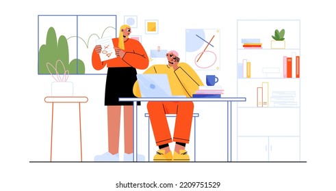 Strict Female Boss Criticizing Male Employee For Mistakes At Work. Upset Man Sitting At Desk In Office, Angry Woman Showing Errors In Document. Stressful Job. Business Ethics. Flat Vector Illustration